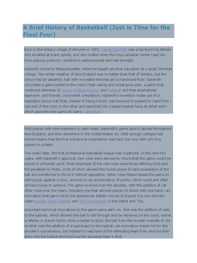 A Brief History of Basketball PDF Athletic Sports Sports Rules And Regulations