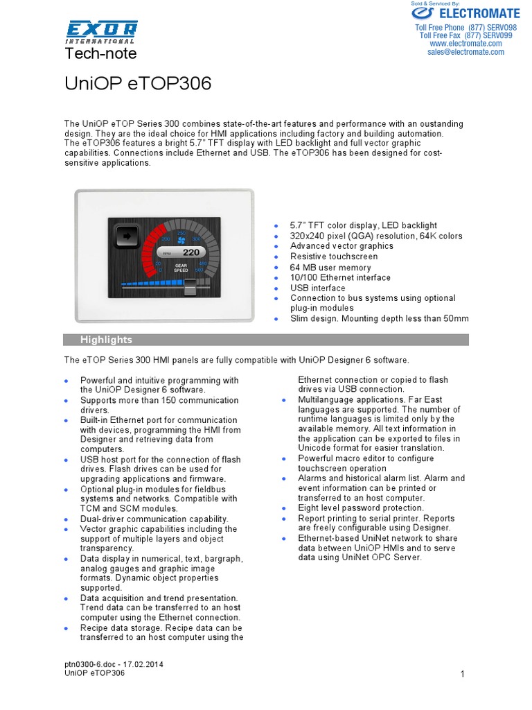 Exor eTOP306 Specsheet | PDF | User Interface | Flash Memory
