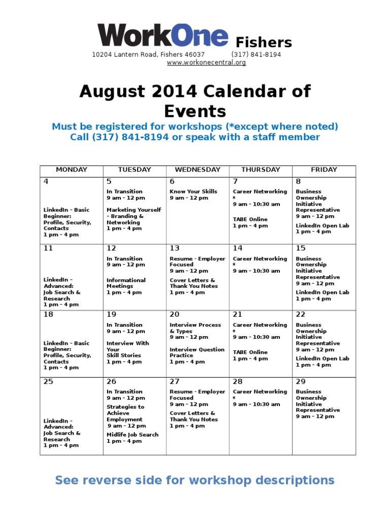 August 2014 Calendar of Events Fishers PDF