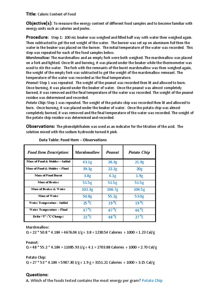 Caloric Content of Food Lab Calorie Food Energy