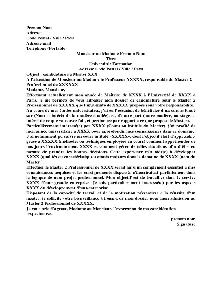 Lettre de Motivation Master