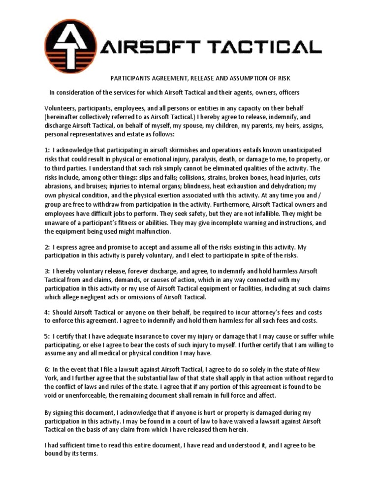 Airsoft Waiver and Parental Agreement Cause Of Action Lawsuit