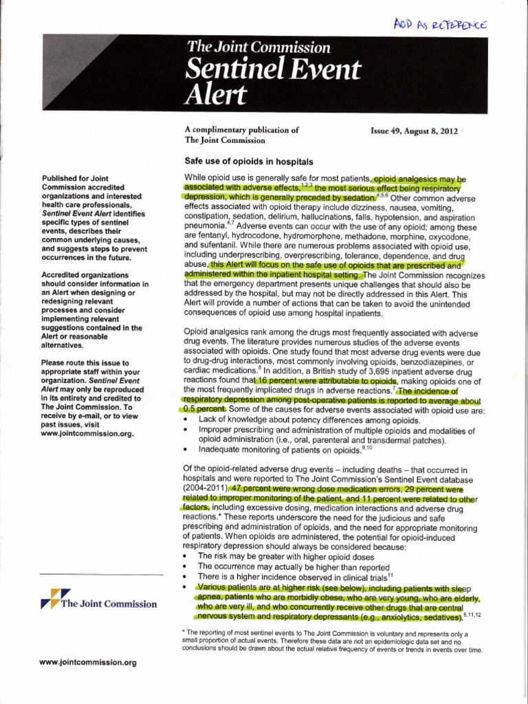 Joint Commission Sentinel Event Alert 8 8 12 PDF Opioid Pain