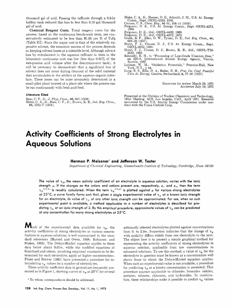 Activity Coefficients of Strong Electrolytes in Aqueous Solutions | PDF ...