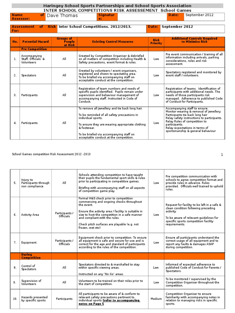 Inter School Sports Risk Assessment Guide | PDF | Indoor Sports | Sports