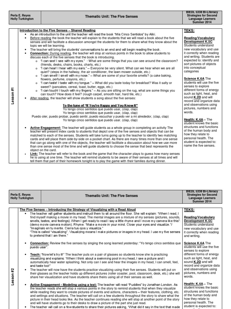 Five Senses Bi-Literacy Lessons | PDF | Senses | Reading (Process)