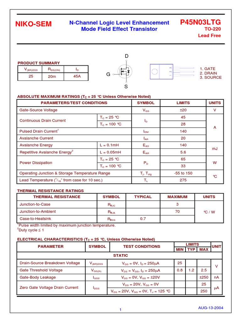 P45N03LTG Niko-Sem: N-Channel Logic Level Enhancement Mode Field Effect ...