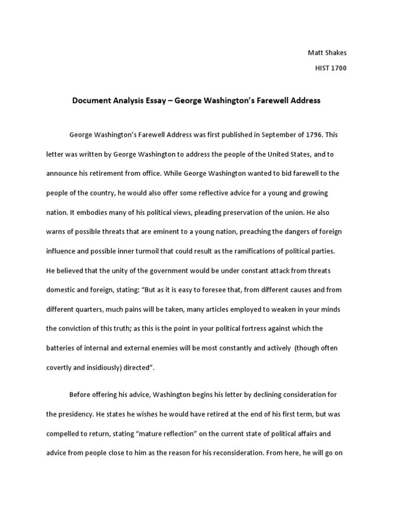 Document Analysis George Washington Farewell Address George Washington Government