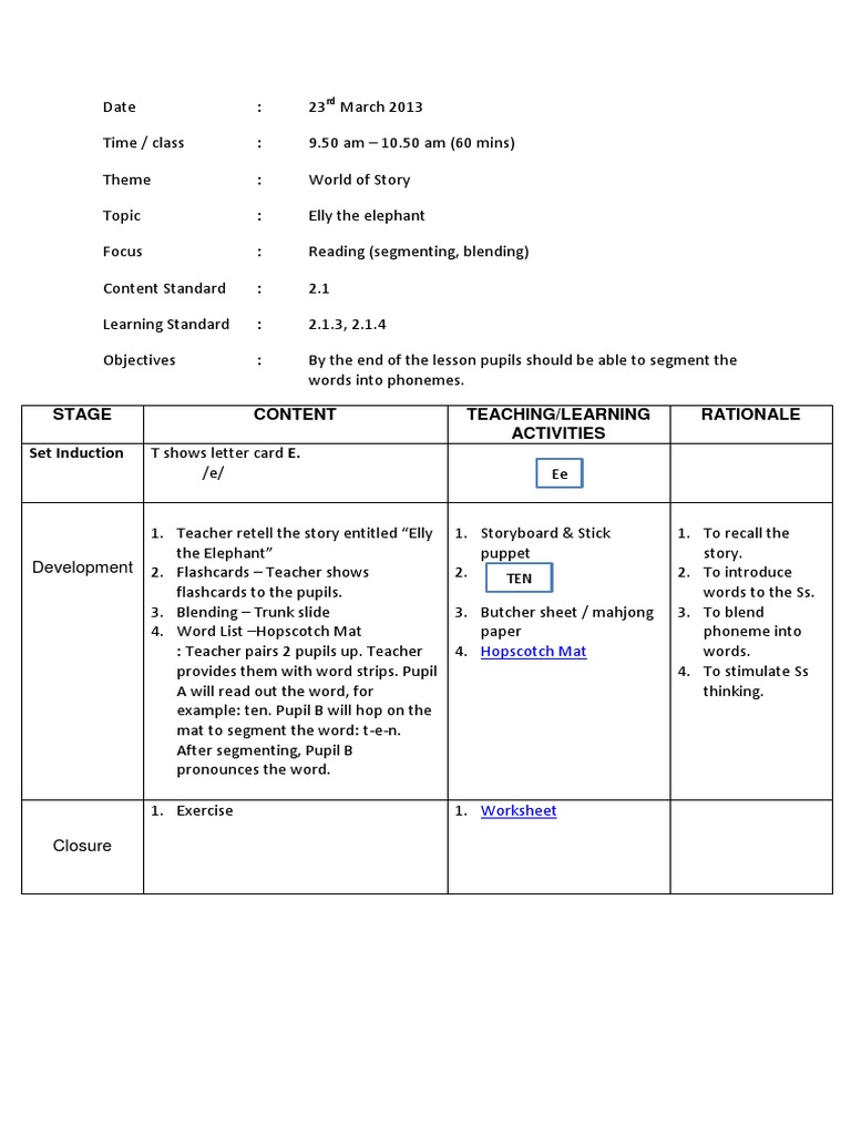 Stage Content Teaching/Learning Activities Rationale Set Induction | PDF