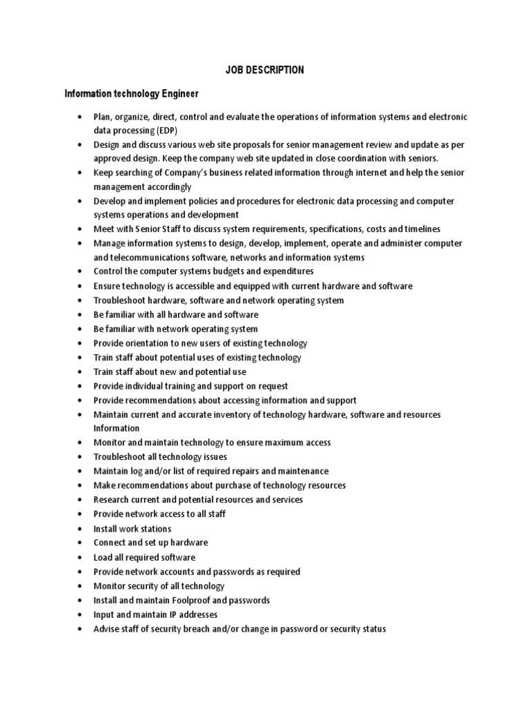 Job Descriptio1n IT Engineer | PDF | Information System | Computer Network