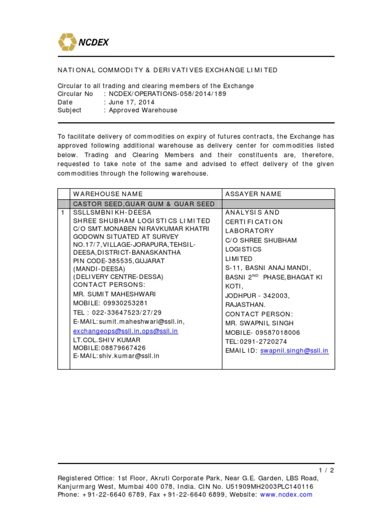 Approval of Additional Warehouse for Delivery of Castor Seed, Guar Gum