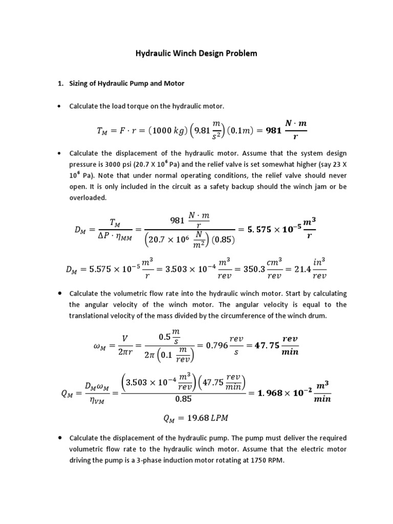 Hydraulic Winch Design Problem Sizing of Hydraulic Pump and Motor PDF Pump Pressure