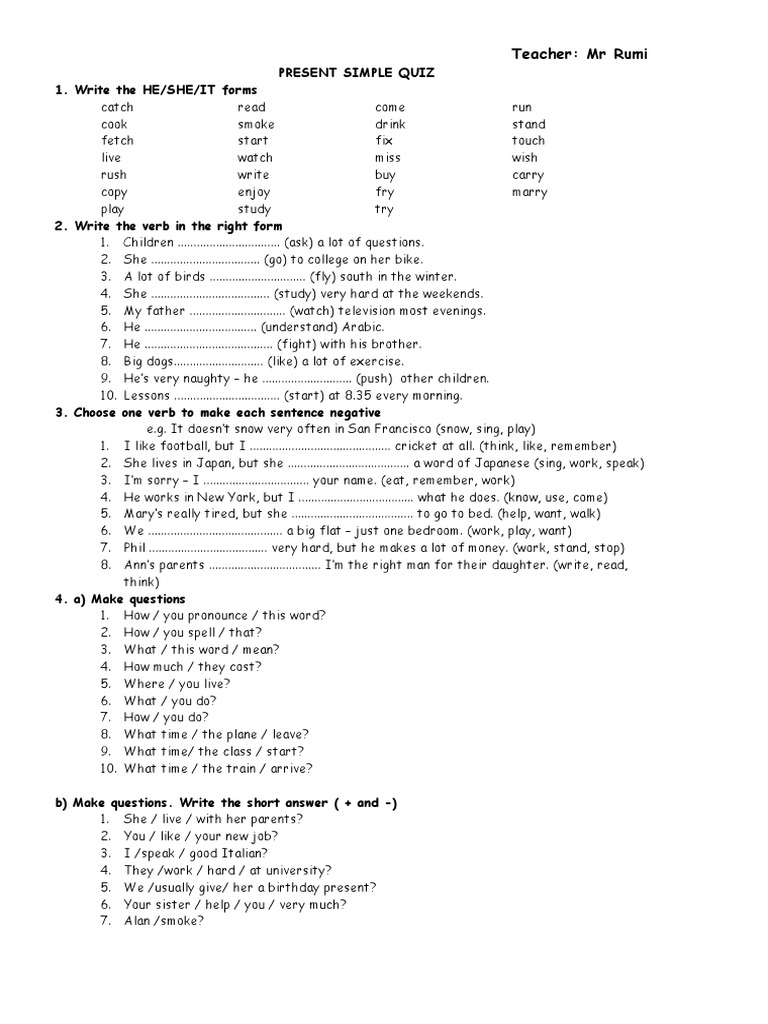 Present Simple Quiz for Kids | PDF