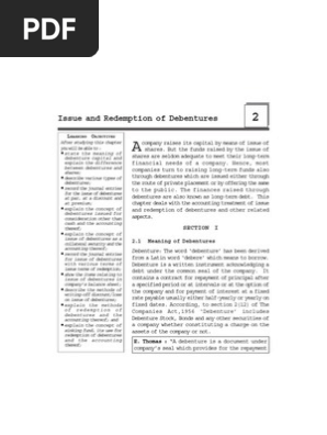 Issue And Redemption Of Debentures Debenture Debits And