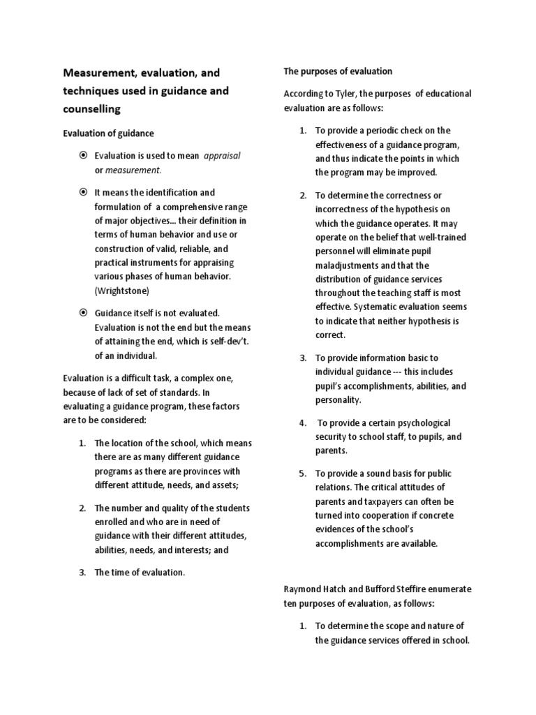 Evaluation Techniques in Guidance Programs | PDF