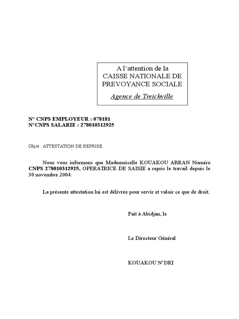Attestation De Reprise Cnps Pdf