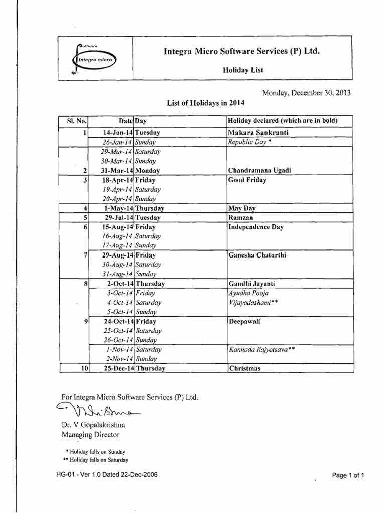 2014 Holiday List for Integra Micro | PDF | Religious Holidays | Traditions