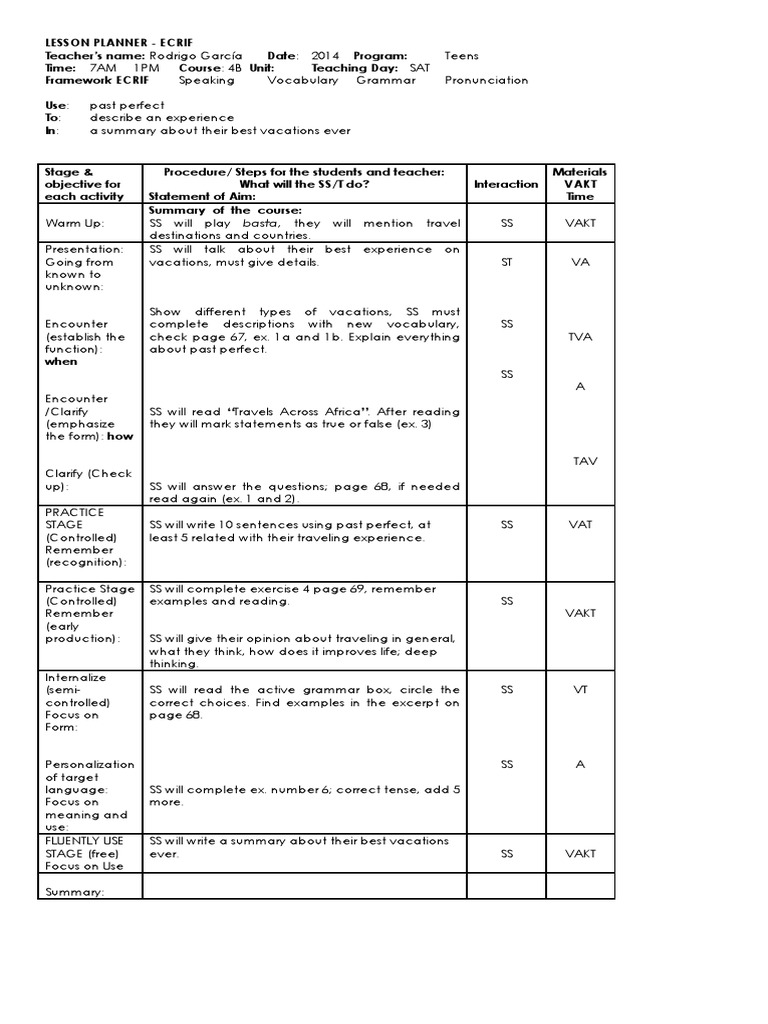 ECRIF Lesson Plan for English Class | PDF | Career & Growth | Foreign ...
