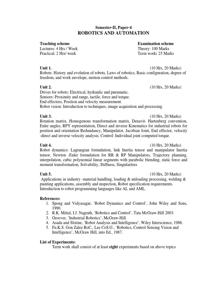 2008-09 Sem-II Paper-4 Robotics and Automation | PDF | Technology ...