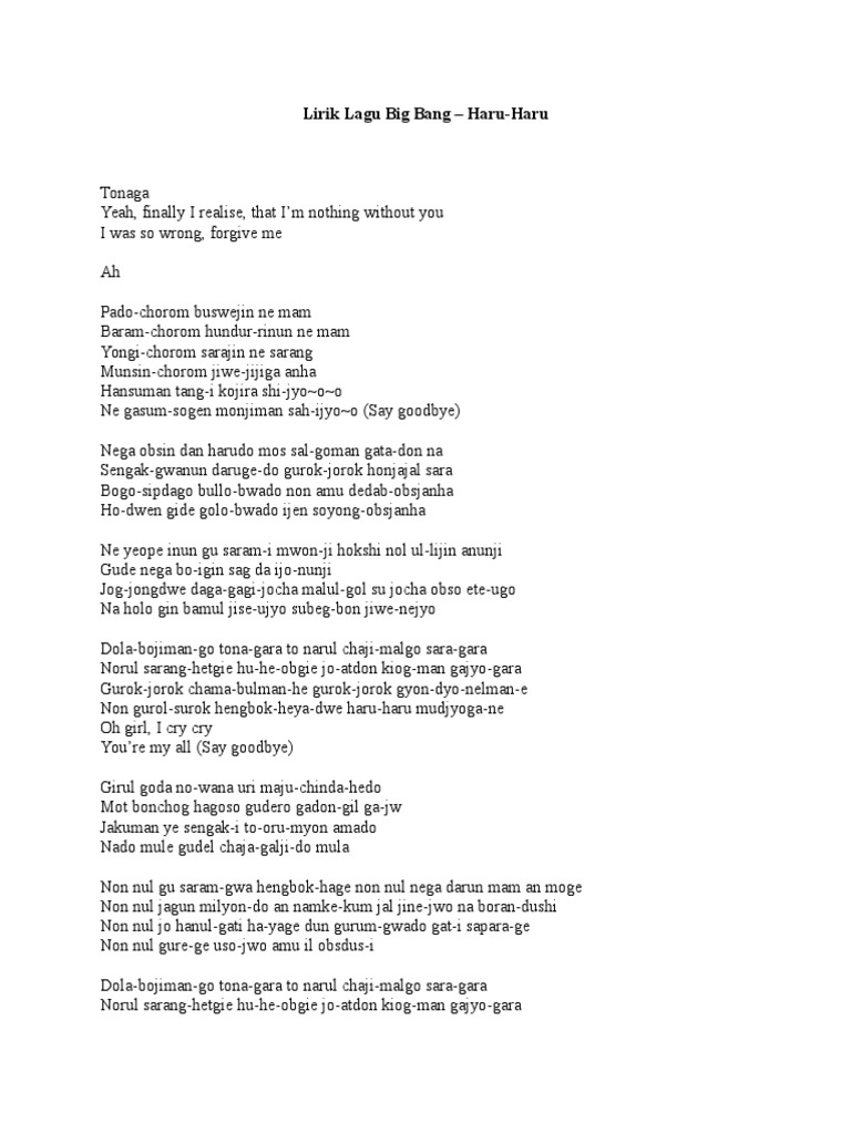 Lirik Lagu Big Bang Haru Haru Download mp3 lirik senorita gratis, ada 20 daftar lagu lirik senorita yang bisa anda download. lirik lagu big bang haru haru