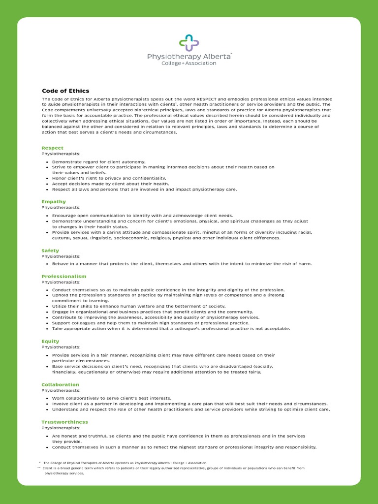 Code of Ethics Alberta PDF Physical Therapy Value (Ethics)