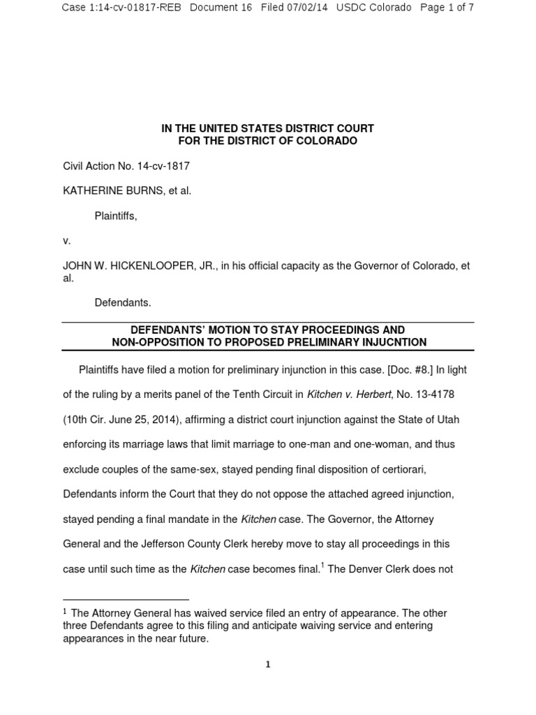 Colorado Defendants' Motion to Stay Case | PDF