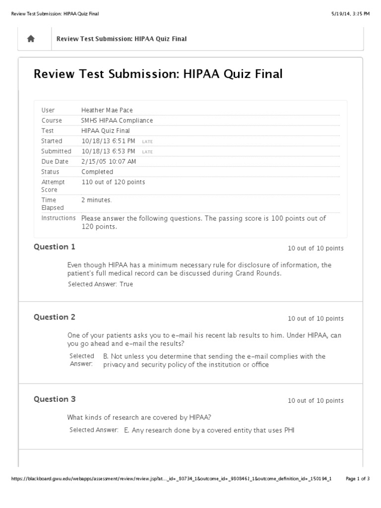 HIPAA Compliance Quiz Results | PDF | Health Insurance Portability And ...