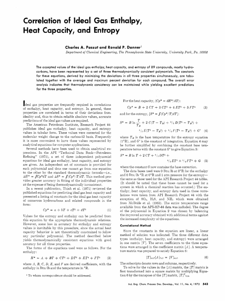 Ideal Gas Enthalpy and Heat Capacity Correlation | PDF | Entropy | Enthalpy