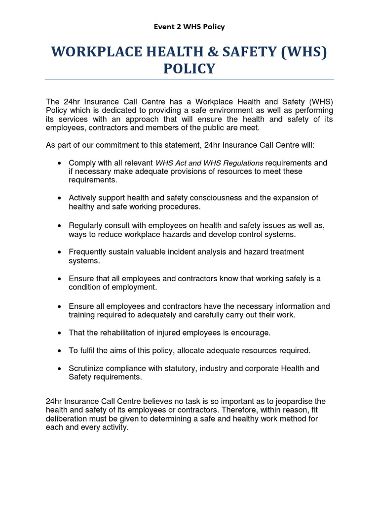 24hr Insurance WHS Policy Overview | PDF