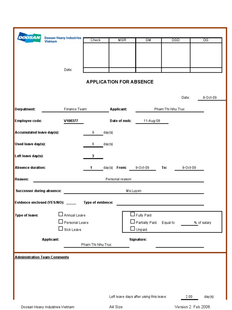 Application For Absence: A4 Size Version 2. Feb 2008 | PDF | Employee ...