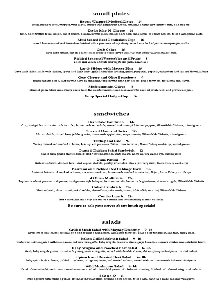 Gourmet Small Plates & Sandwiches Menu | PDF | Pickling | Salad