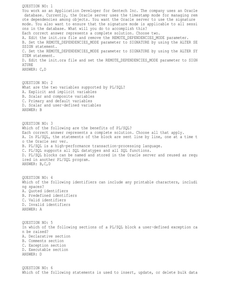 Oracle Database PL/SQL Exam Questions | PDF | Pl/Sql | Sql