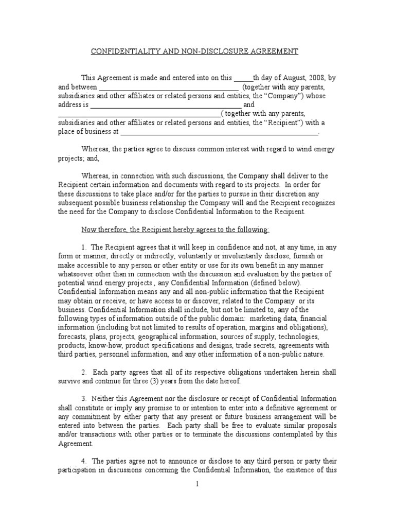 Wind Energy Confidentiality Agreement | PDF | Non Disclosure Agreement ...