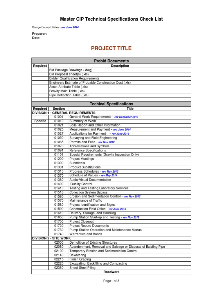 Master CIP Technical Specification Check List | PDF | Sanitary Sewer ...