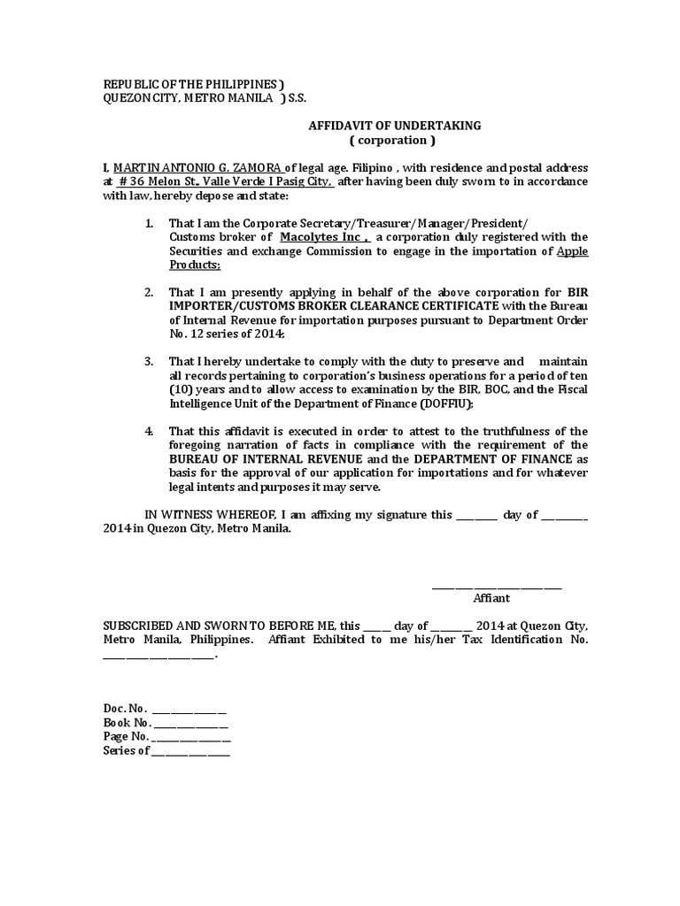 14 affidavit of undertaking pdf affidavit government