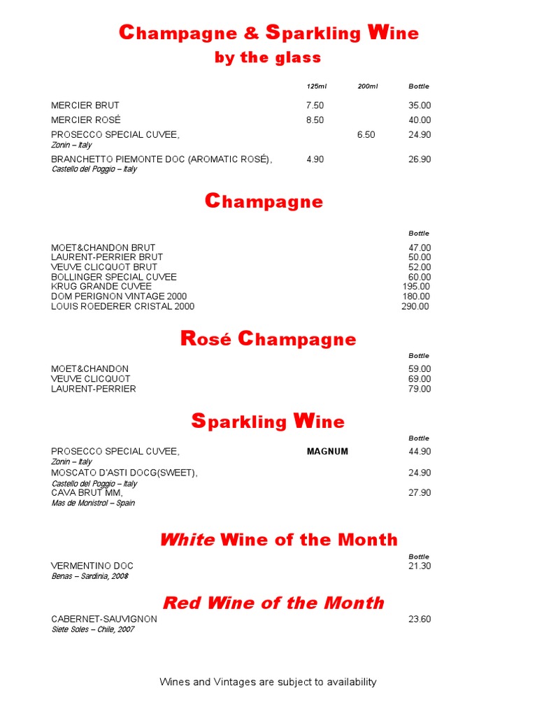 Champagne on sale wine list