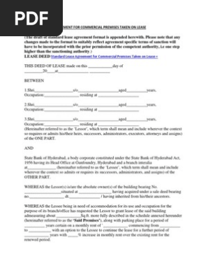 Standard Lease Agreement for Commercial Premises Taken on Lease