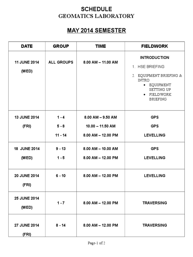Schedule Geomatics Laboratory May 2014 Semester: Date Group Time ...