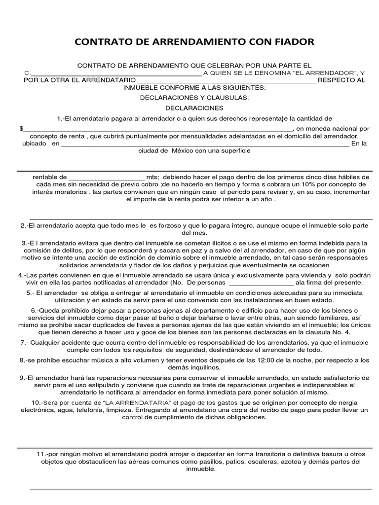 Contrato de Arrendamiento Con Fiador Alquiler Pagos