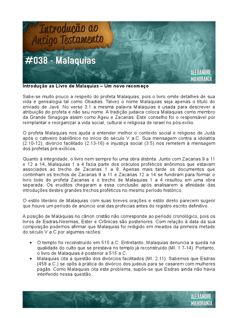 Introdução Ao Livro de Malaquias PDF Profeta Sociologia