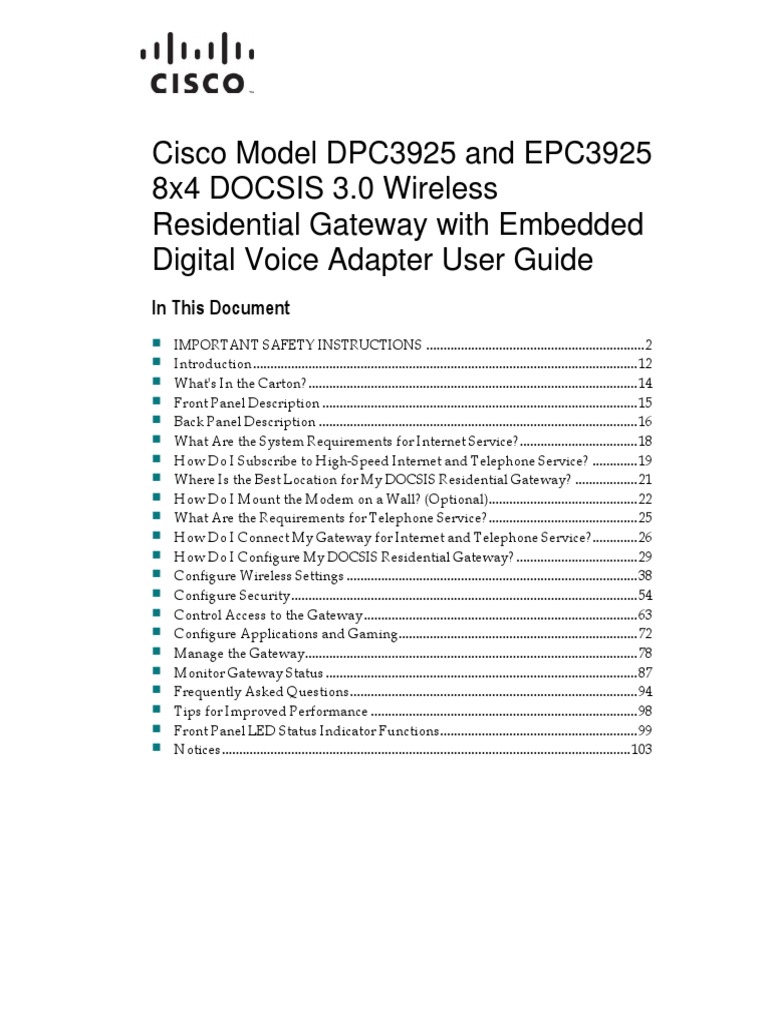 Cisco Model DPC3925 and EPC3925 8x4 DOCSIS 3.0 Wireless Residential