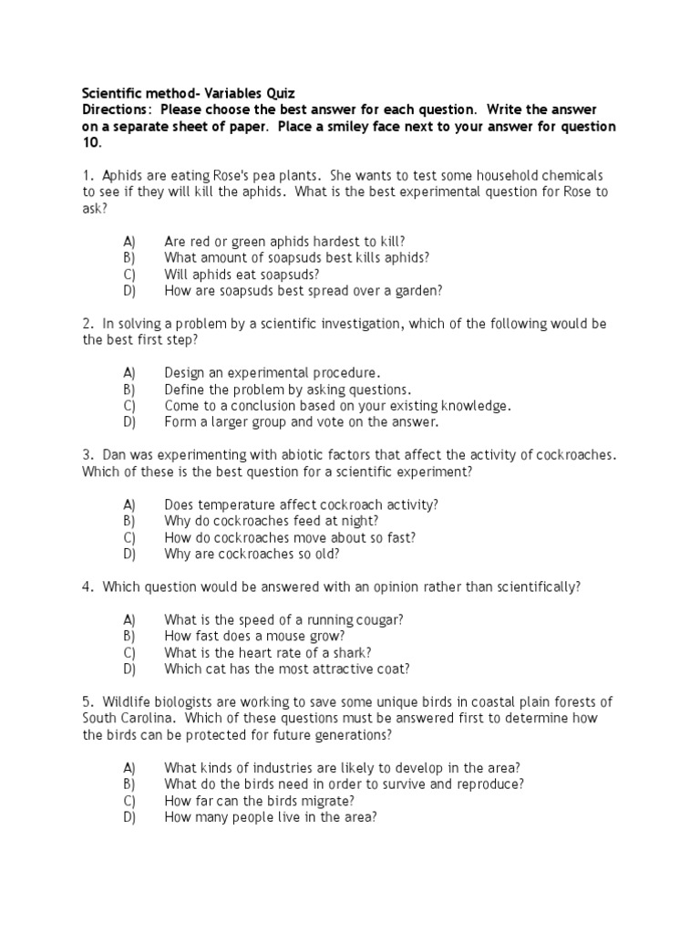 Scientific Method Quiz Experiment Water