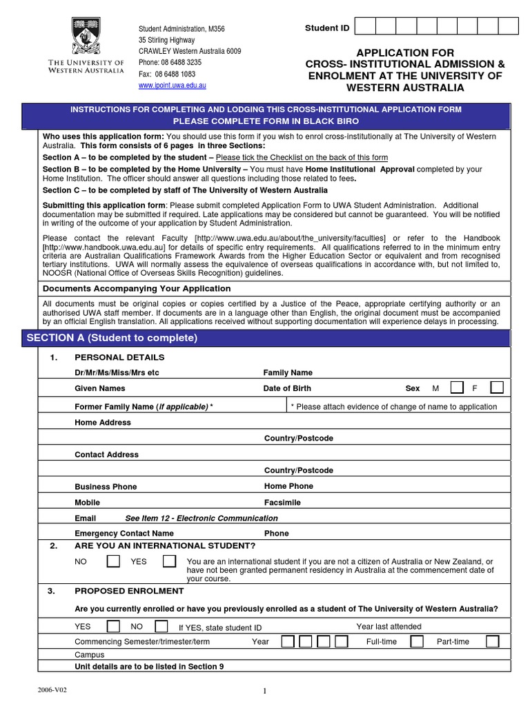UWA Cross-Institutional Enrolment Form | PDF | Diploma | Travel Visa