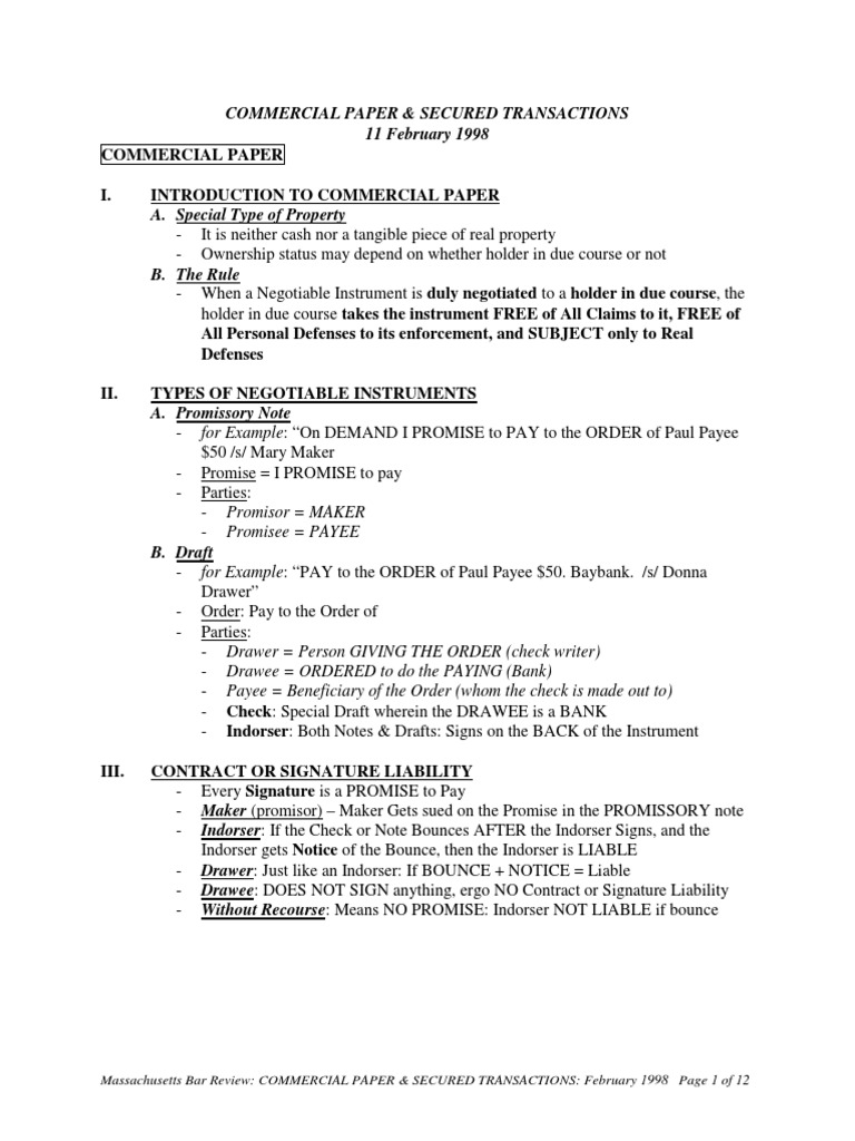 Commercial Paper Overview for Bar Exam | PDF | Foreclosure | Security ...