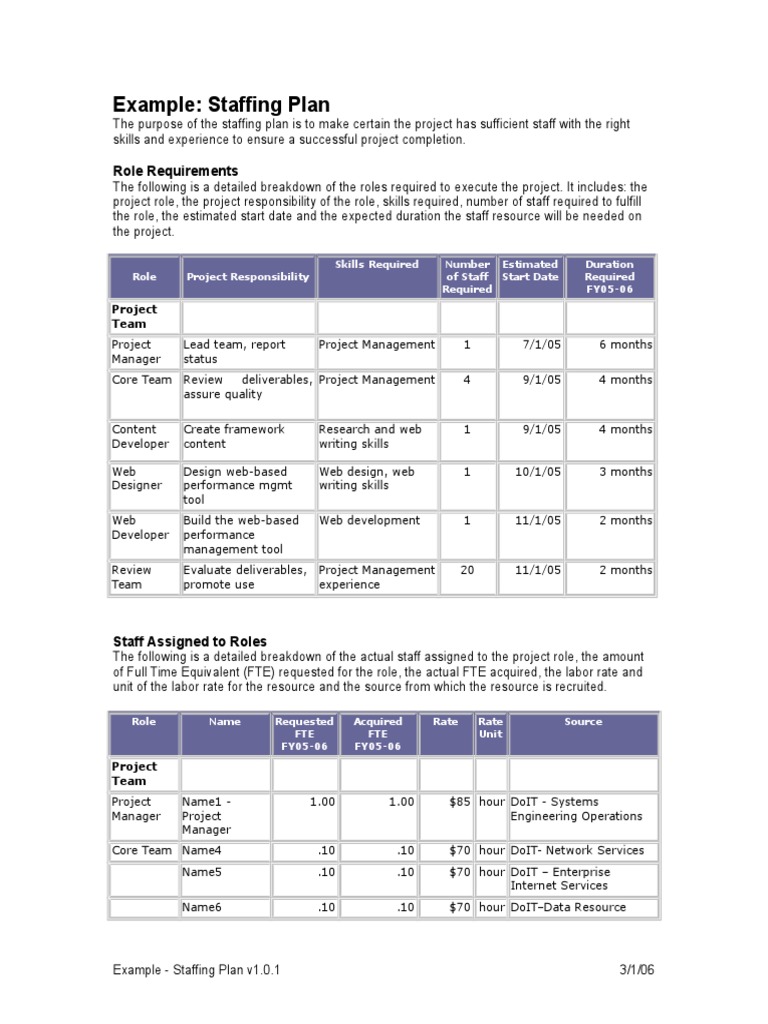 management and staffing in a business plan example