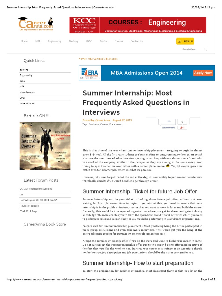 Summer Internship: Most Frequently Asked Questions in Interviews | PDF ...
