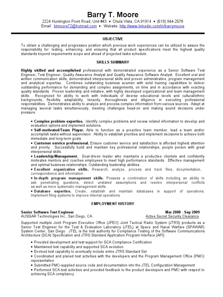 Senior Software Test Engineer Resume | PDF | Business | Technology ...