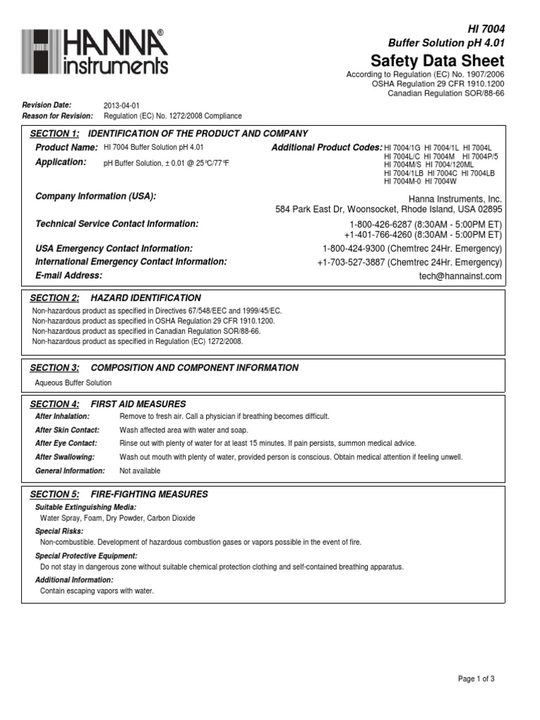 Msds Hi 7004 Buffer PH 4.01 PDF Personal Protective Equipment