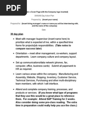 30 60 90 Day Plan Summary