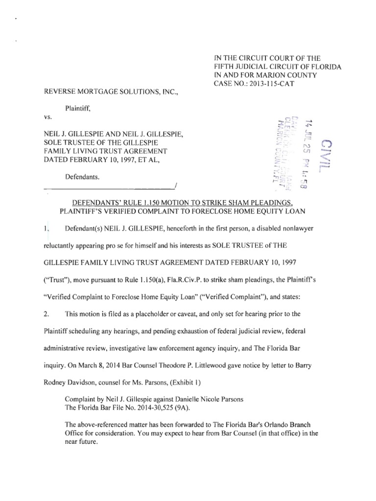 Defendants' Rule 1.150 Motion to Strike Sham PleadingsJuly 25, 2014